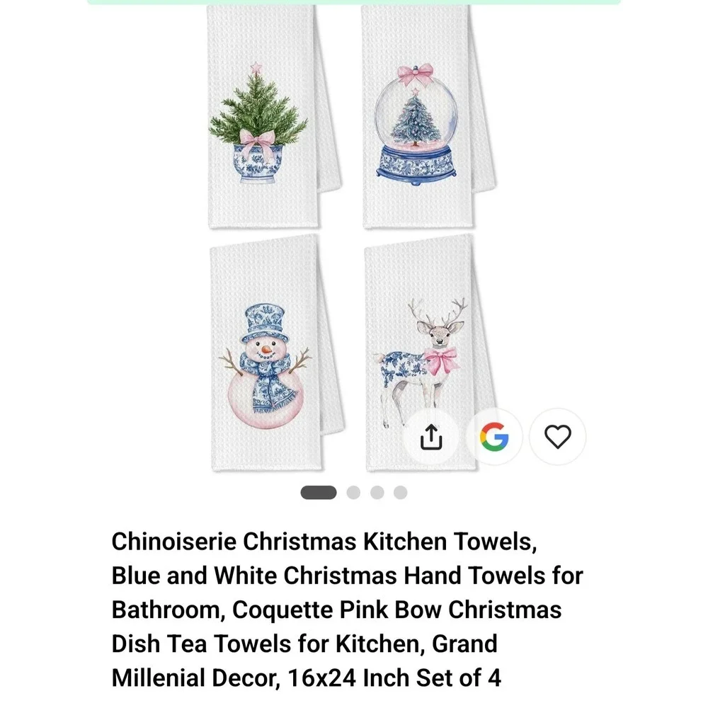 Chinoiserie Christmas Kitchen Bathroom Towels, Blue Bow Tree, Set of 4, 16x24